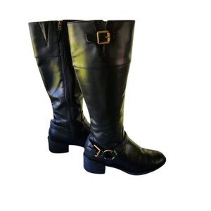 Chaps Rubi Black Knee-High Riding Boots Size 7.5 Equestrian Classic Gold Buckles